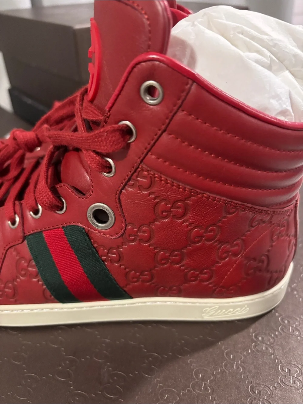 Gucci Red High-Top Leather Men’s Sneakers with Web Stripe